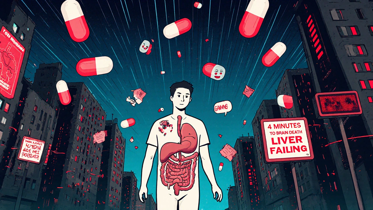 A transparent figure walks through a dystopian city of pill-shaped buildings, cognitive fragments drifting away like satellites.