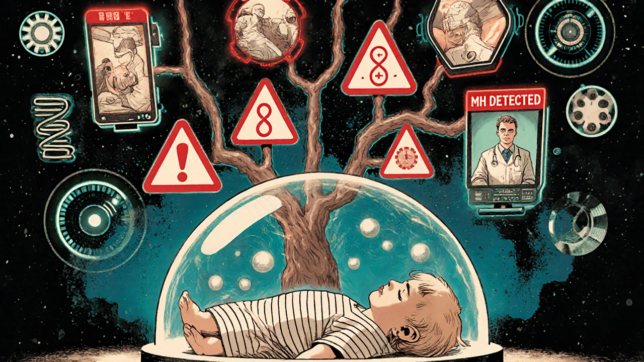 Child under glass dome with family tree of MH reactions, glowing AI monitor, and analog medical dials in retro style.