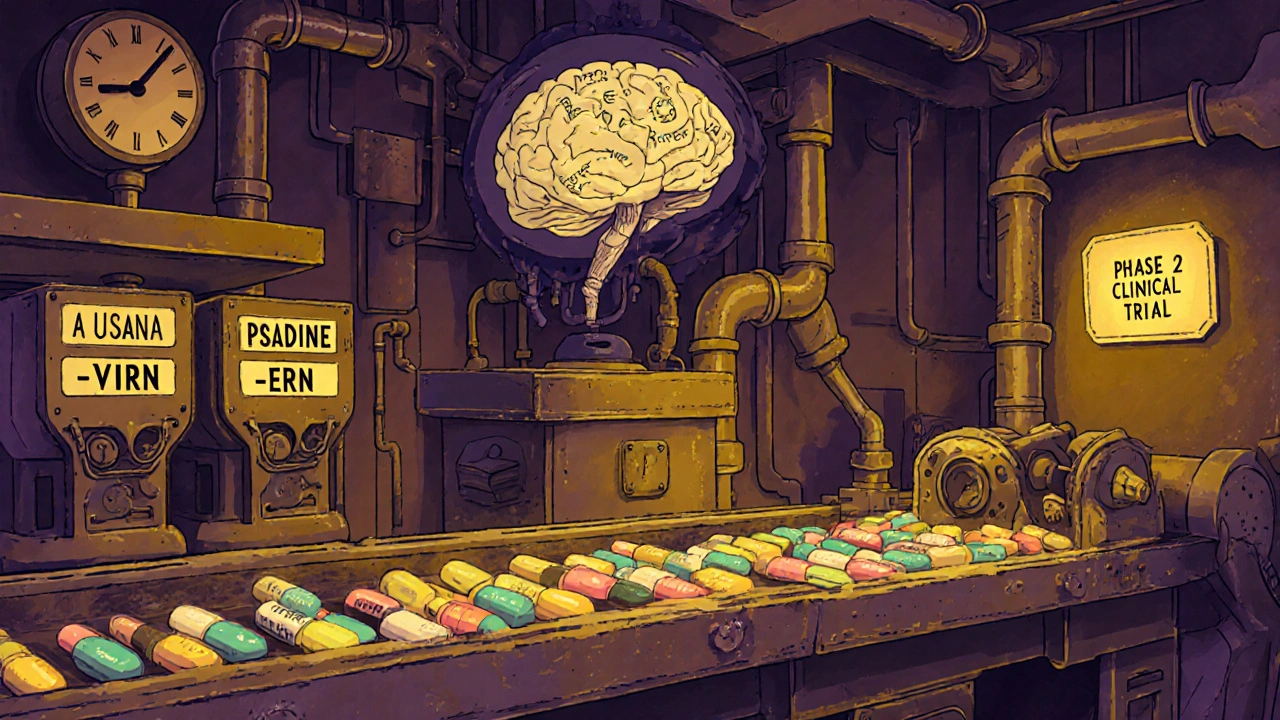 Conveyor belt in a futuristic pharmacy stamping drug stems onto pills with robotic arms