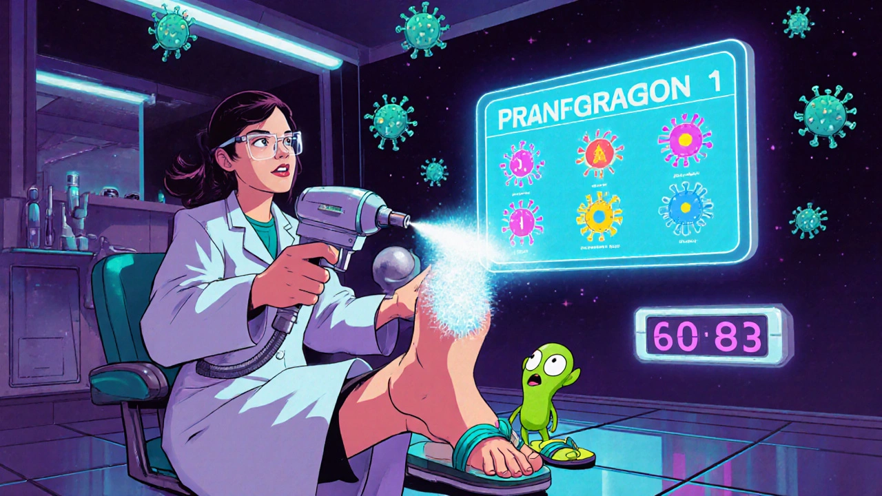 Dermatologist using a glowing spray gun to freeze a plantar wart in a neon-lit retro-futuristic clinic.