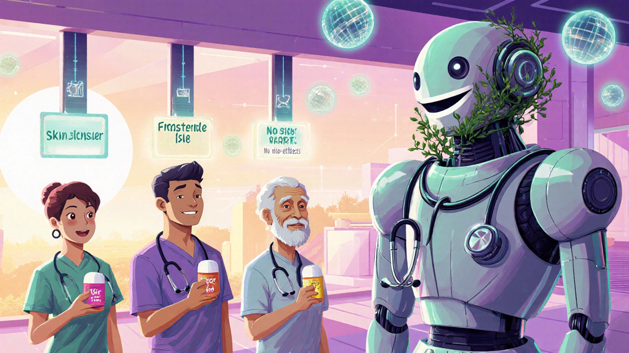 Diverse patients choose treatment paths in a futuristic clinic with floating pill icons and bio-data orbs.