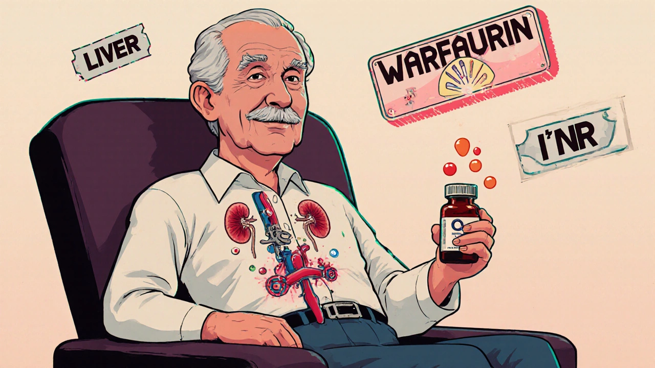 Elderly man with mechanical organs and warning dial showing high INR levels