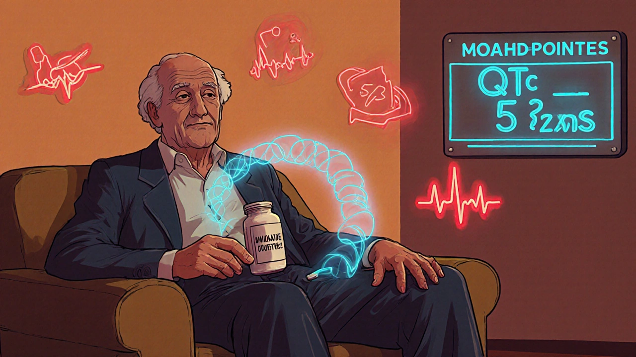 Elderly patient with spiraling dangerous heart rhythm, floating drug icons in neon lights.