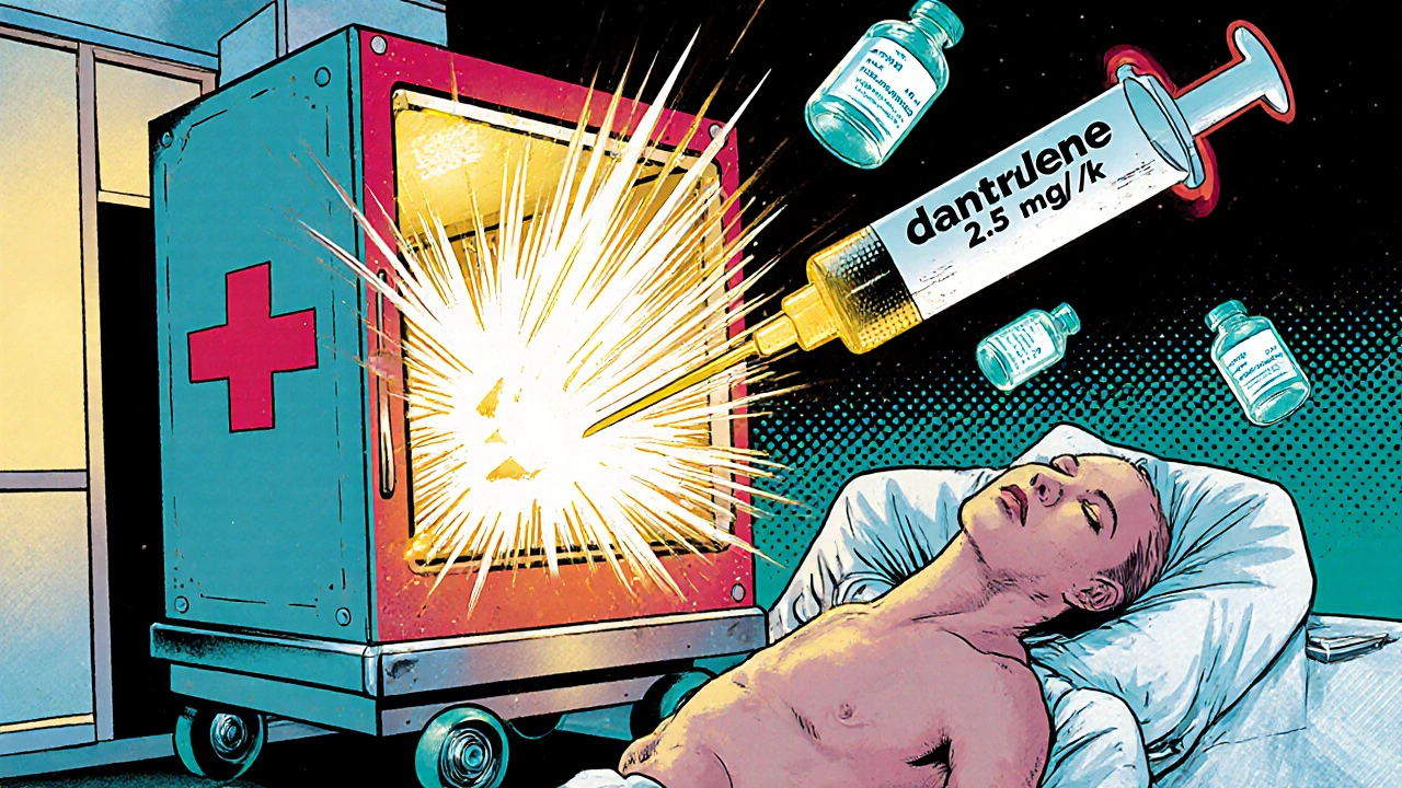 Emergency MH cart exploding with dantrolene vials and golden light stopping calcium storm inside a patient’s muscle.