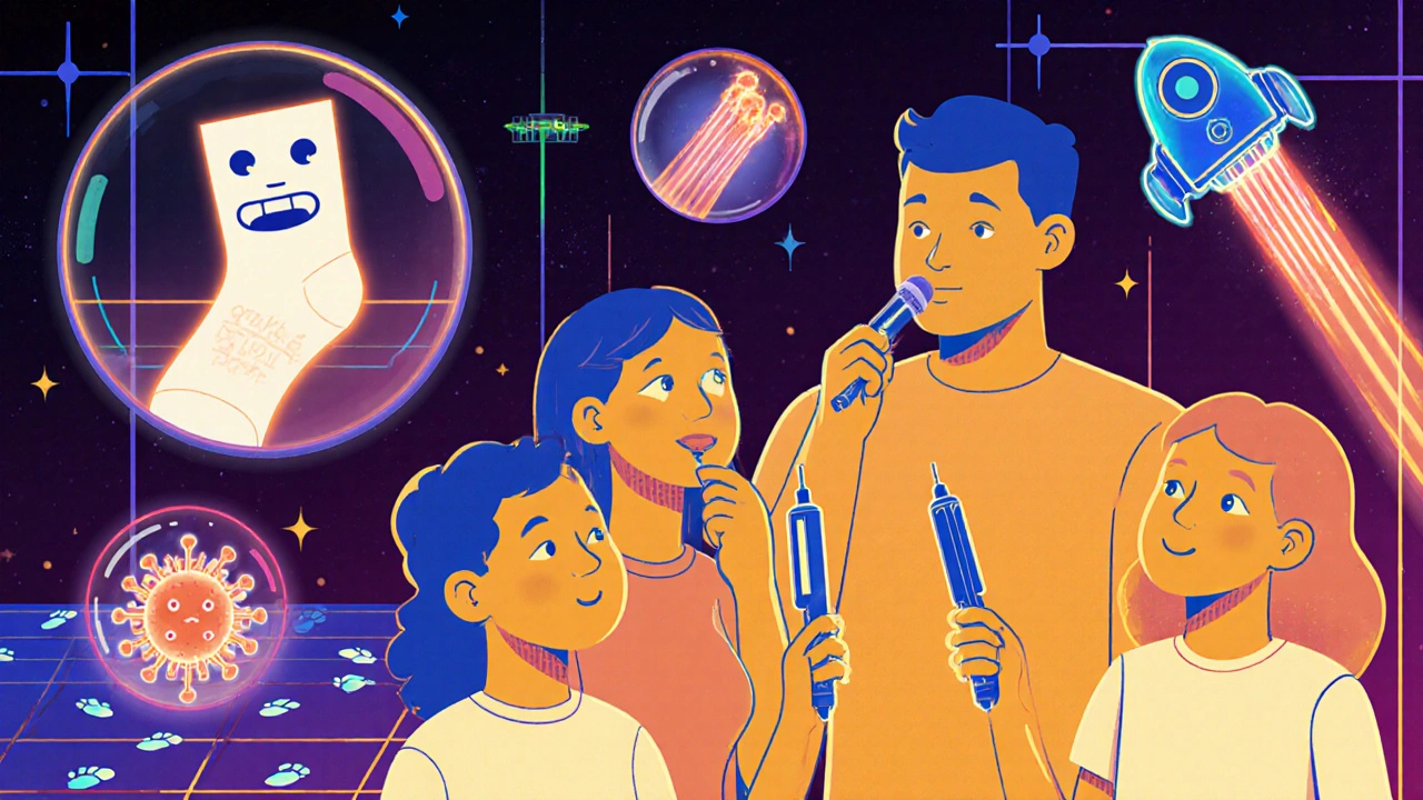 Family applying wart treatment with futuristic tools, surrounded by floating health icons in a glowing bathroom.