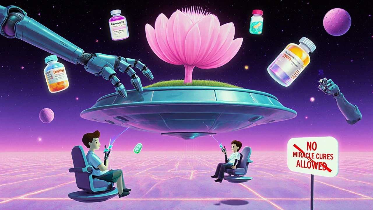 Floating clinic with PRP robots and blooming hair follicle, surrounded by failed treatments marked with Xs.