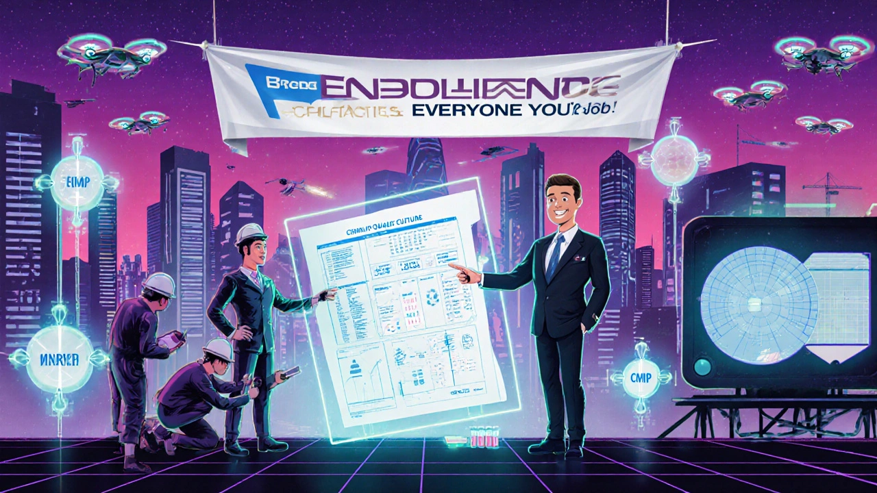 Futuristic facility under construction with glowing quality nodes and FDA advisor reviewing a blueprint.