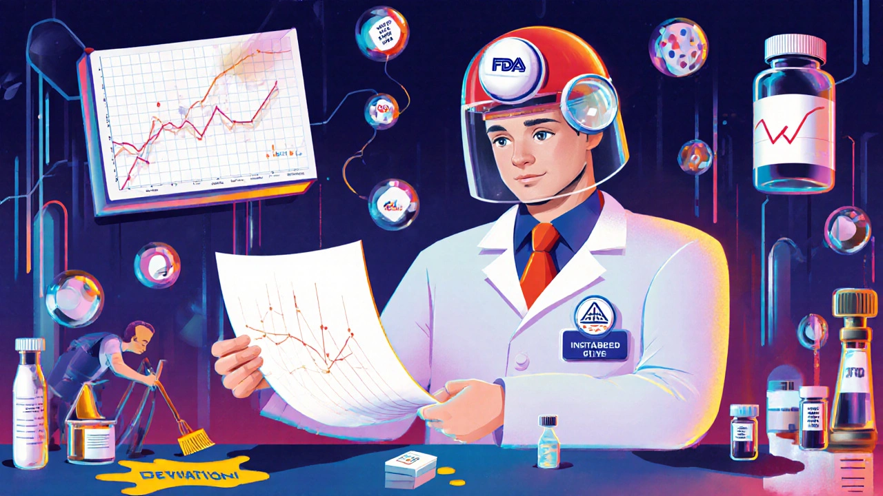 Giant FDA inspector examining a floating chromatogram in a neon-lit lab with mislabeled vials.