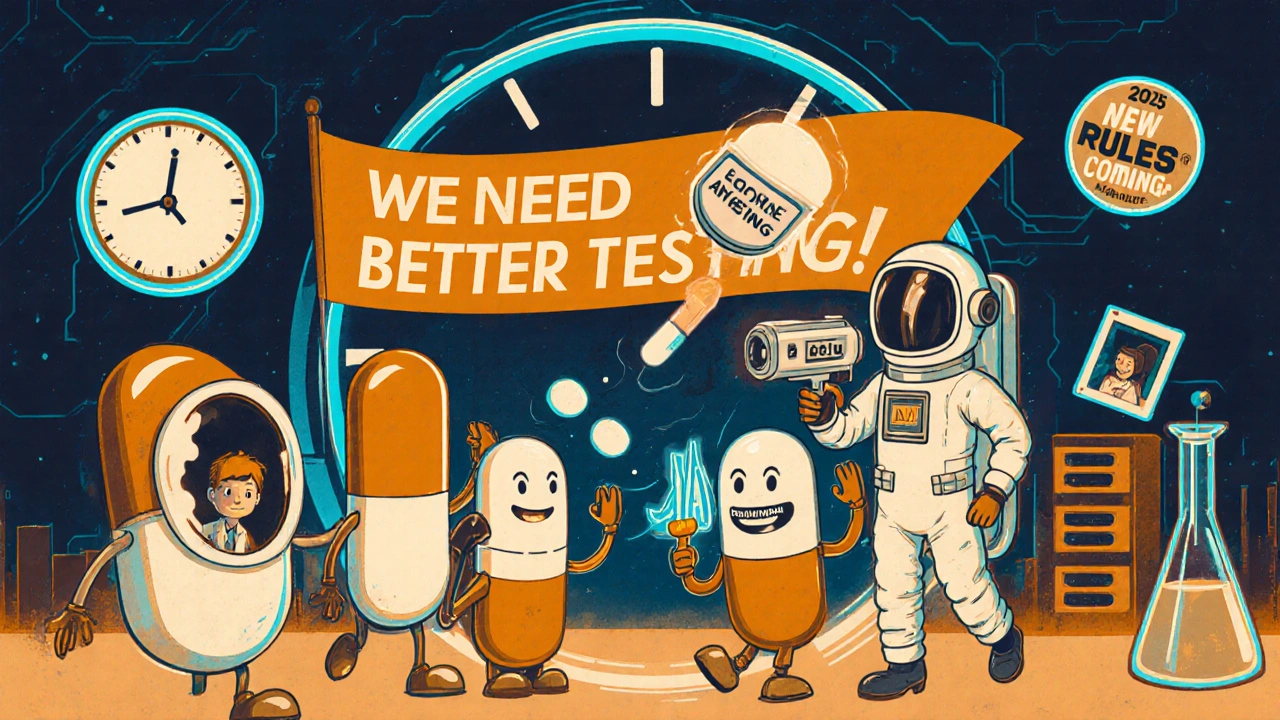 Giant pills protesting for better testing while a scientist uses AI to scan a thyroid medication tablet in a surreal lab.
