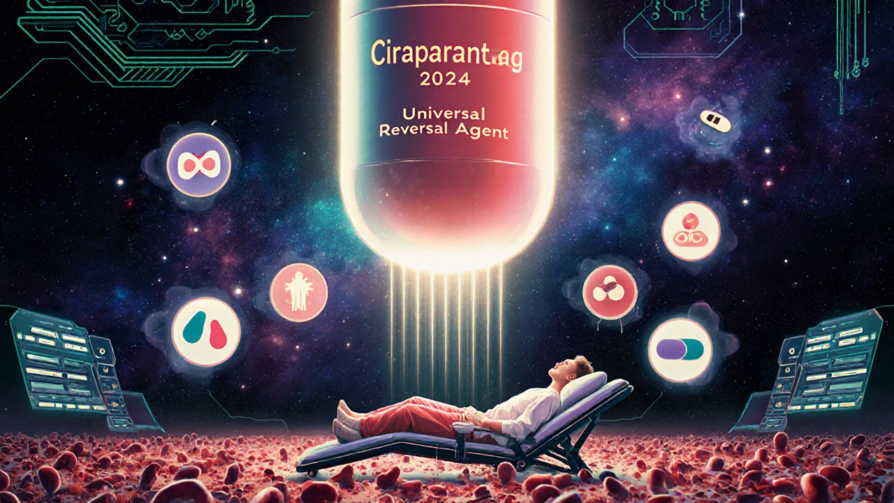 Giant universal reversal capsule neutralizing clots and blood thinners in a cosmic, circuitry-filled scene.