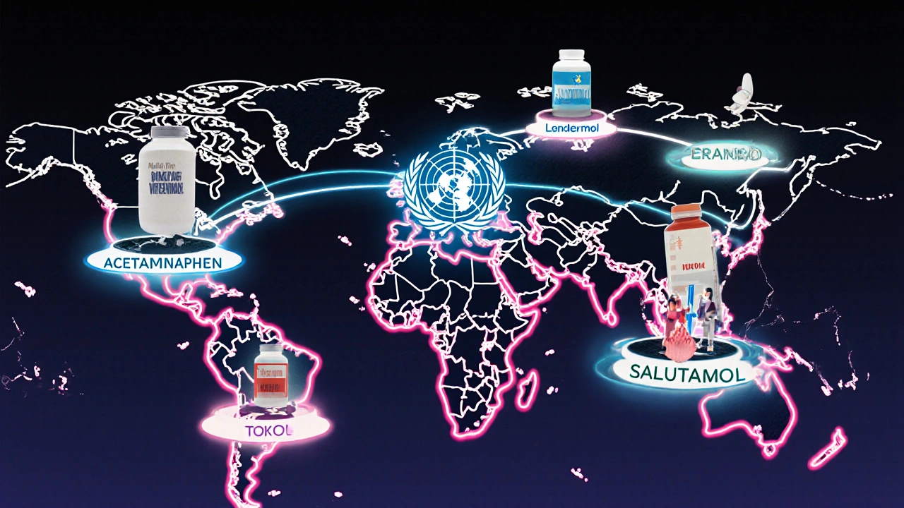 Global map with twin drug names connecting cities in vintage sci-fi style