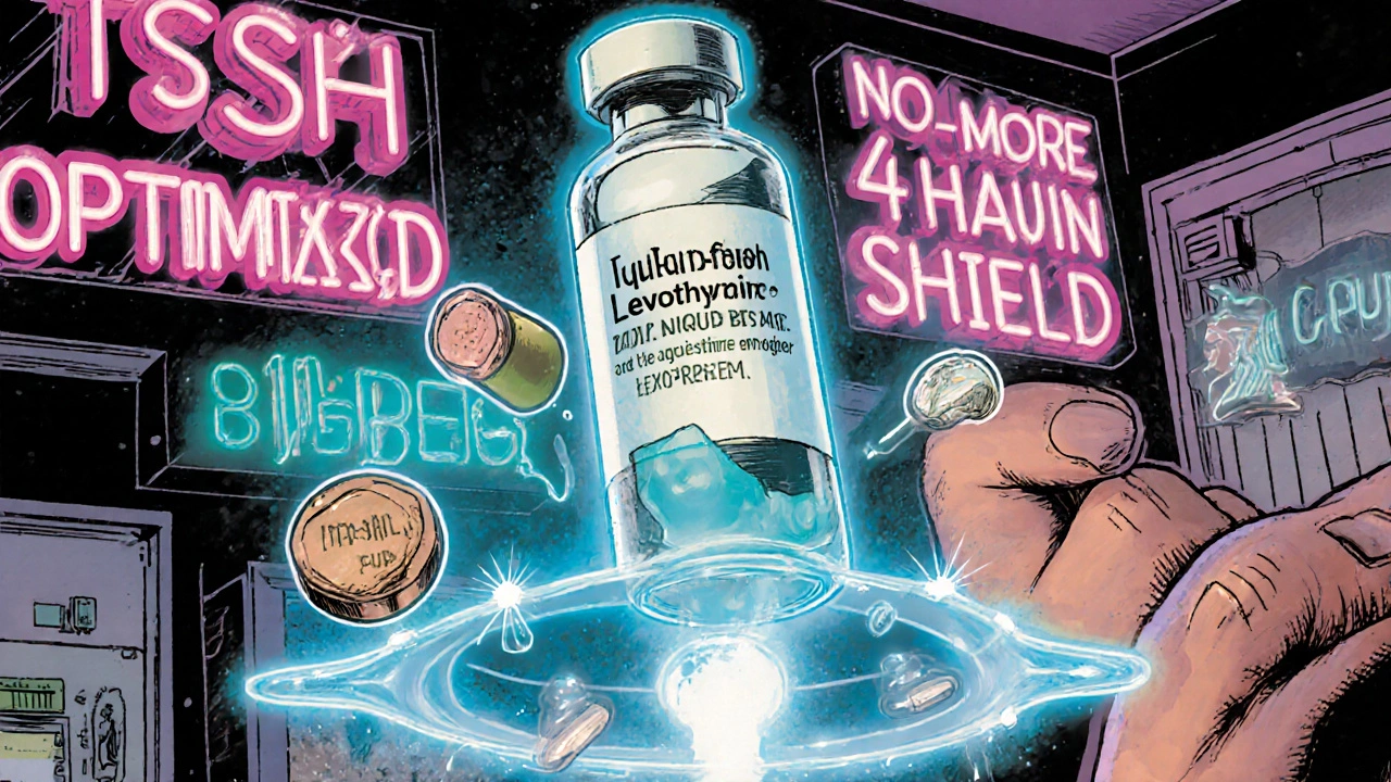 Glowing liquid thyroid medication bypassing calcium and iron capsules with a force field in a neon pharmacy.
