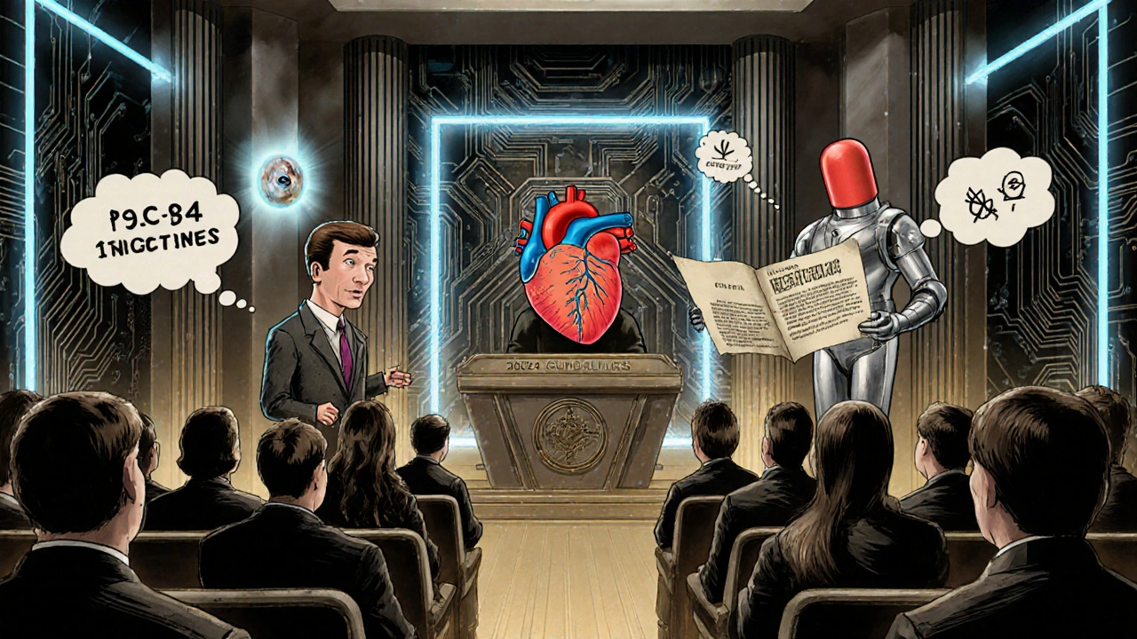 Medical courtroom with statin pill vs PCSK9 inhibitor pod, heart judge, patients with price tags and fear bubbles.