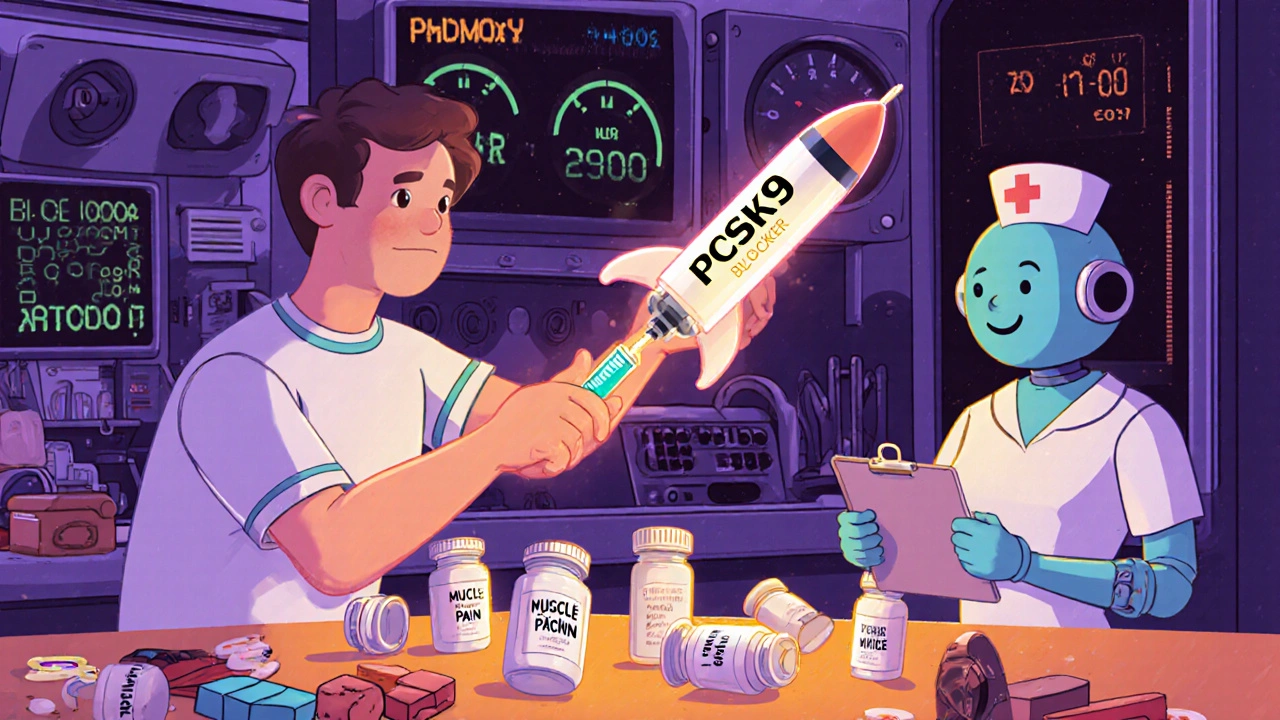 Patient injecting a glowing PCSK9 blocker like a rocket, statin pills falling away in zero-G, robot nurse watching.