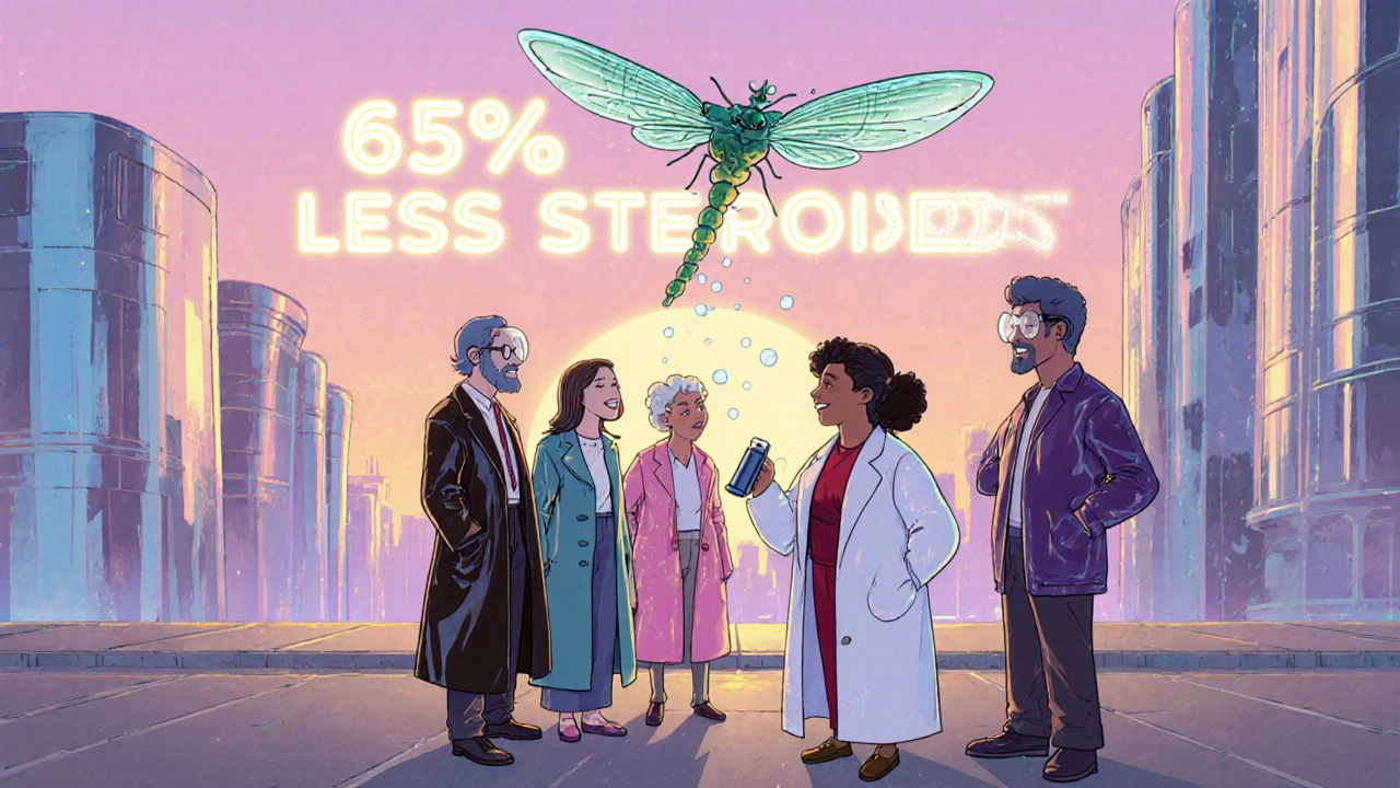 Patients on a floating sidewalk as a biologic drone releases healing light, with hologram showing reduced steroid use.