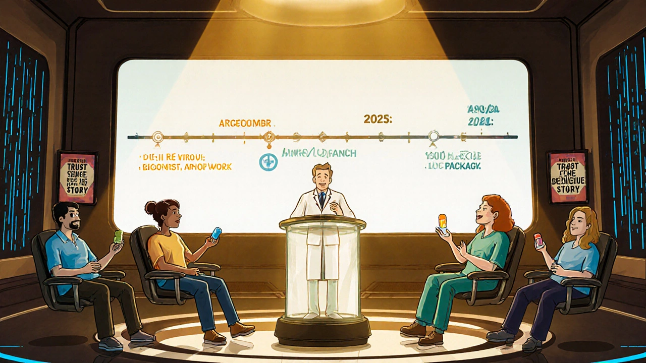Pharmacist counseling floating patients with a timeline of biosimilar milestones behind them.