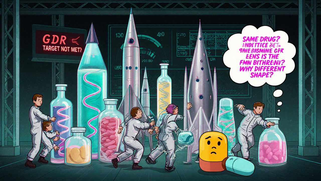 Pharmacists sorting rocket-shaped biologic vials in a neon warehouse with a failing PBM dashboard.