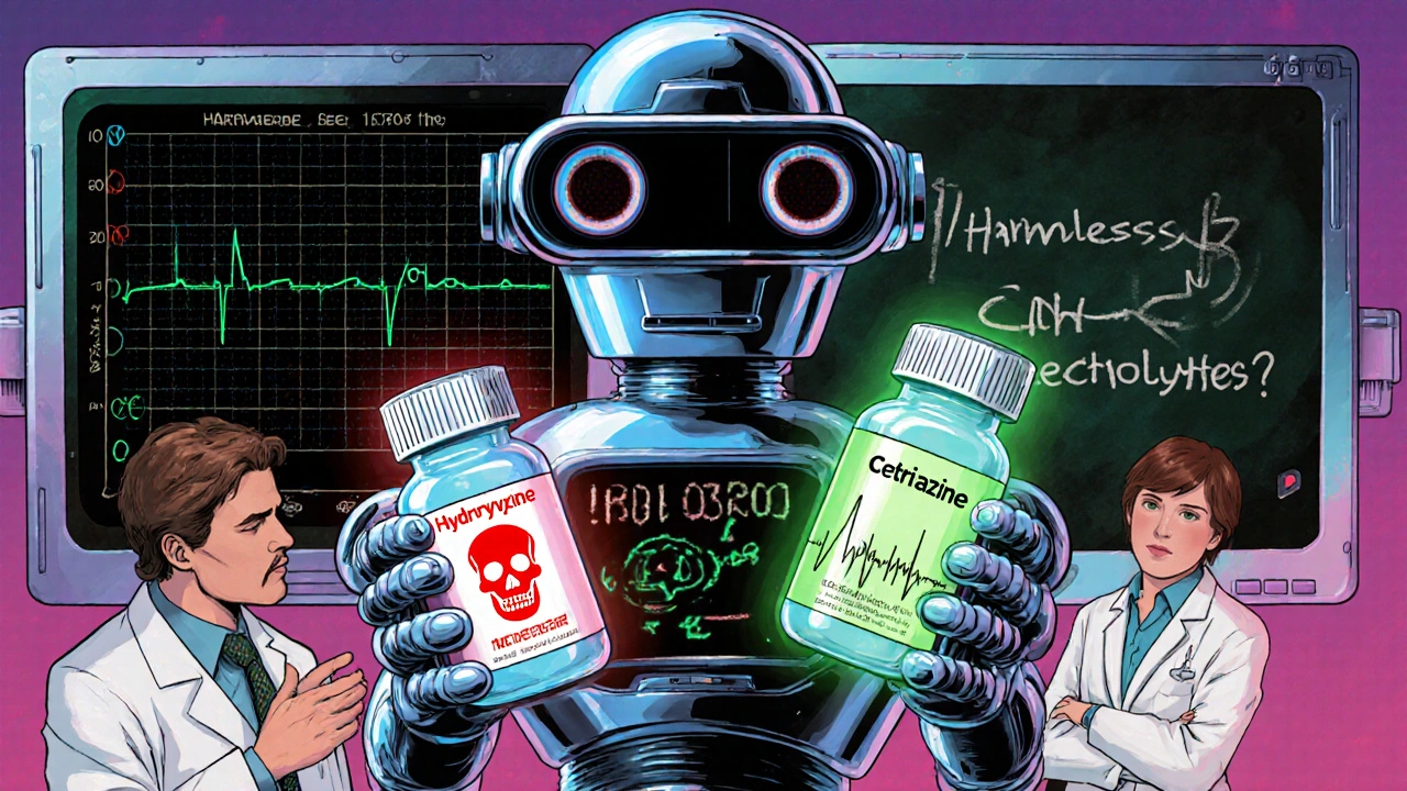 Pharmacy robot comparing safe and unsafe pills beside an ECG monitor in retro-futuristic setting.