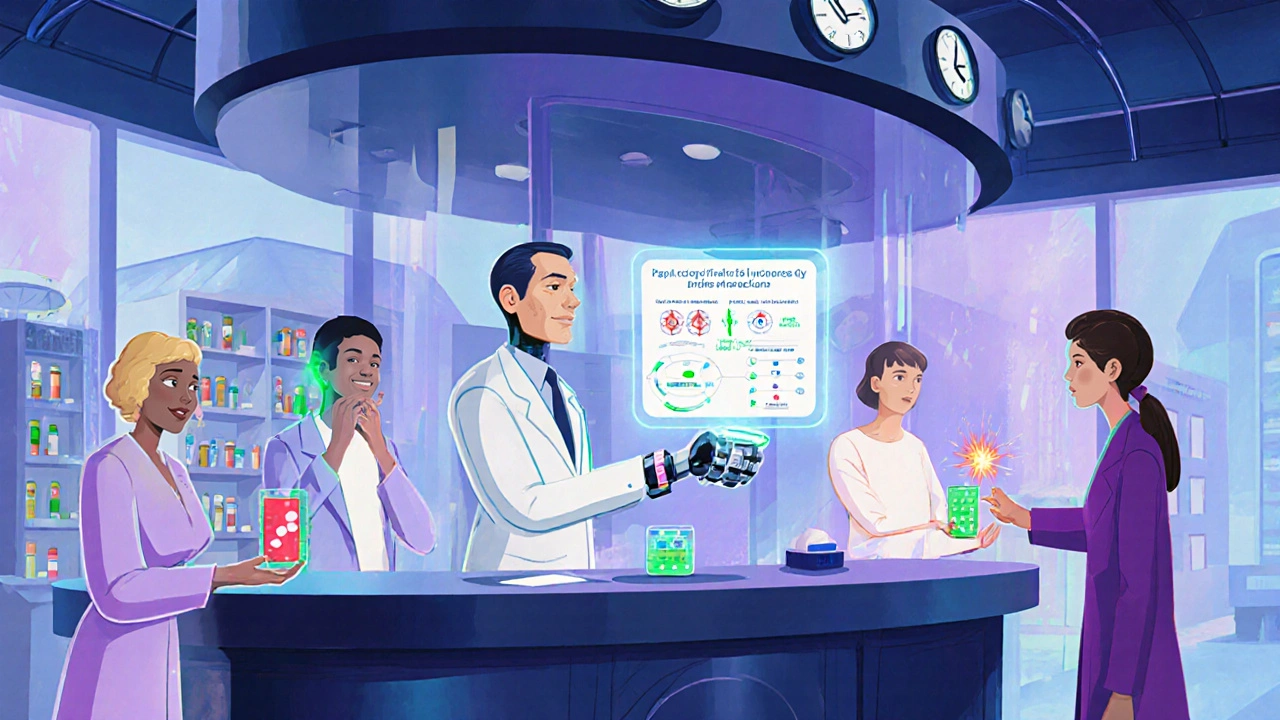 Robot pharmacist scanning DNA bracelet to dispense personalized pills in futuristic pharmacy