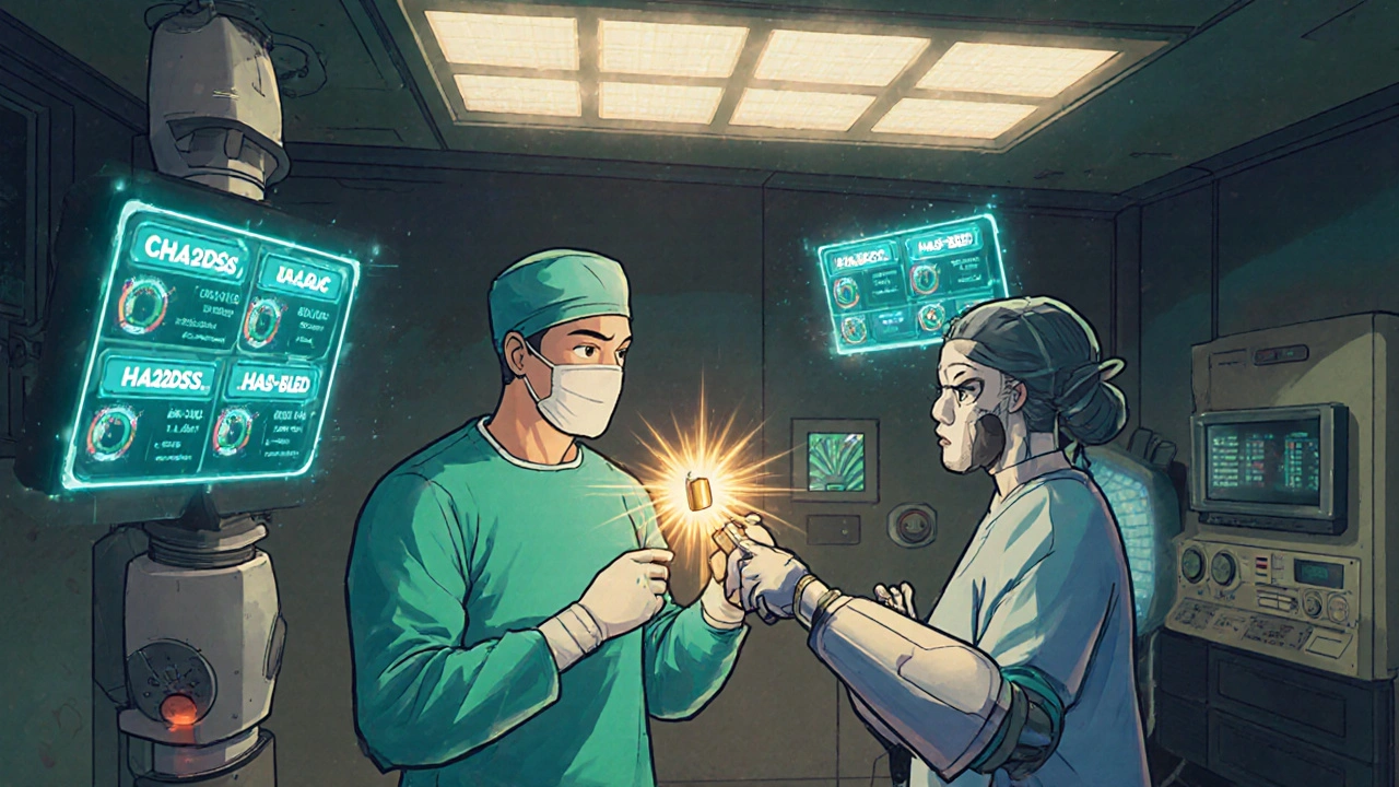Surgeon and patient surrounded by holographic medical scores in a retro-futuristic operating room.