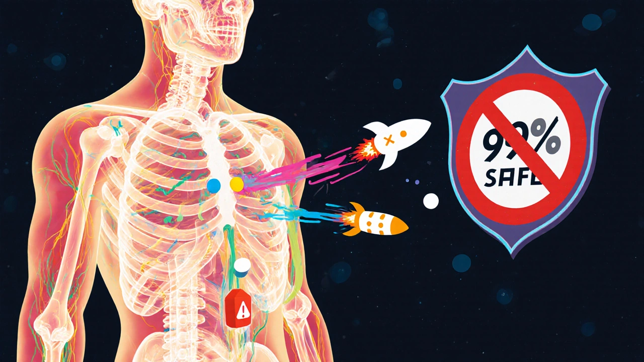 Transparent human body showing safe medications bypassing breast milk, while dangerous drugs are blocked by a protective shield.