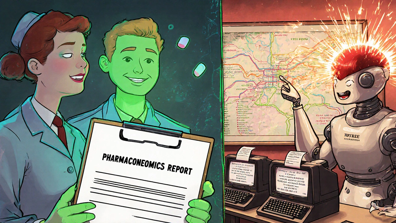 Two patients react differently to the same pill, guided by a robotic pharmacist with a gene map.