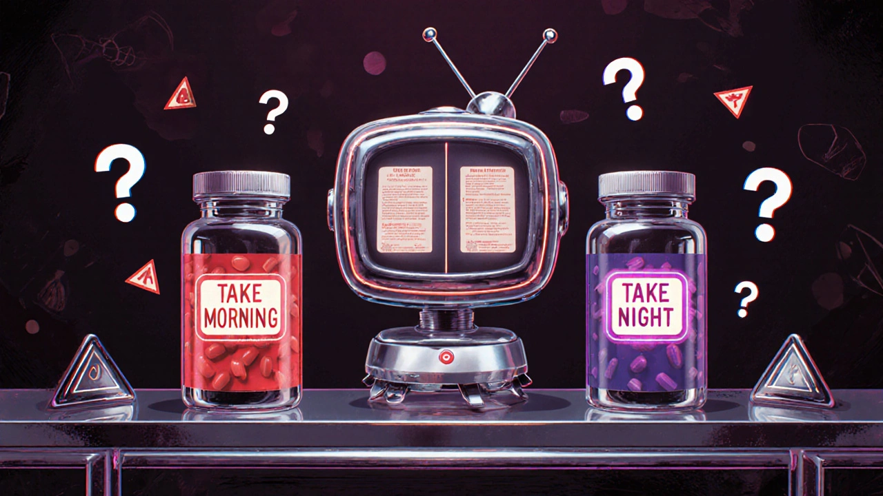 Two pill bottles with conflicting instructions float beside a TV-faced AI assistant comparing manufacturer guidelines.