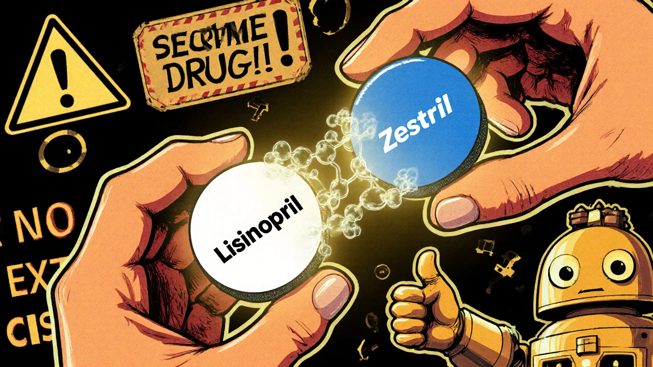 Two pills with identical molecular structures glow between them, labeled Lisinopril and Zestril, surrounded by retro-futuristic safety signs.