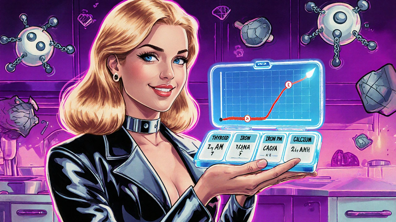 Woman holding a labeled pill organizer as a holographic TSH graph improves beside her in a vaporwave kitchen.