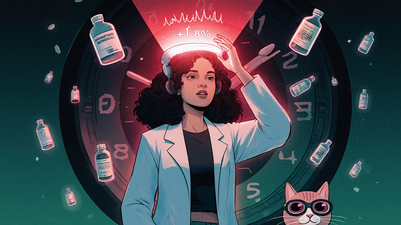 Woman wearing a glowing laser cap in retro-futuristic lab, with floating data and herbal potions around her.