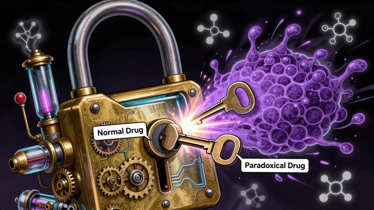 A brass-and-glass H1 receptor lock being incorrectly turned by a drug key, releasing hives.