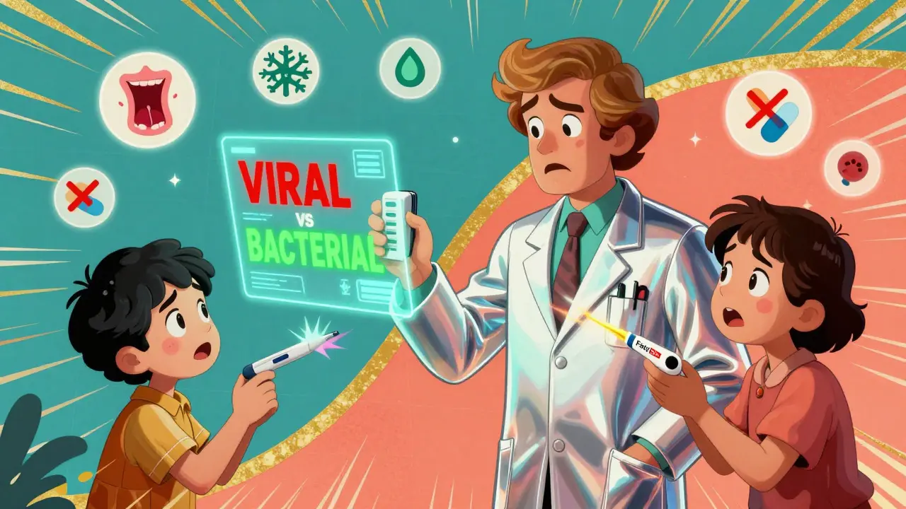 A doctor uses a glowing device to distinguish viral from bacterial infection, with a parent and child nearby.