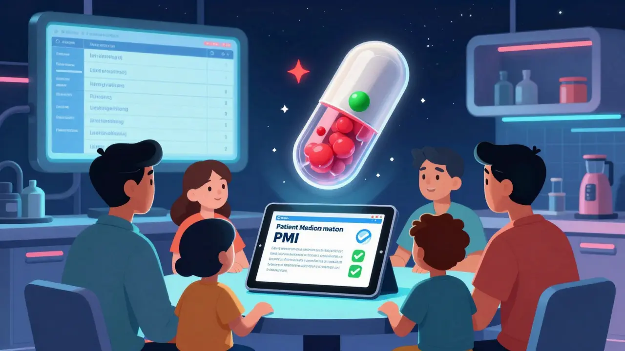 A family views a sleek digital Patient Medication Information screen with a rotating 3D pill and FDA database on a wall.
