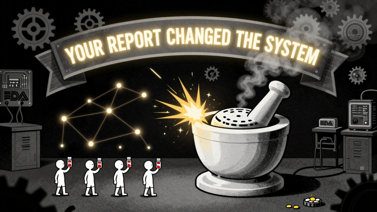 A giant pharmacy-shaped smoke detector alerting patients with glowing warnings in a retro-futuristic scene.