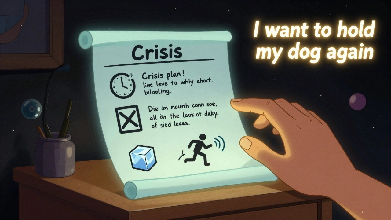 A holographic crisis plan hovers above a bedside with warning signs and a personal reason to live glowing softly.