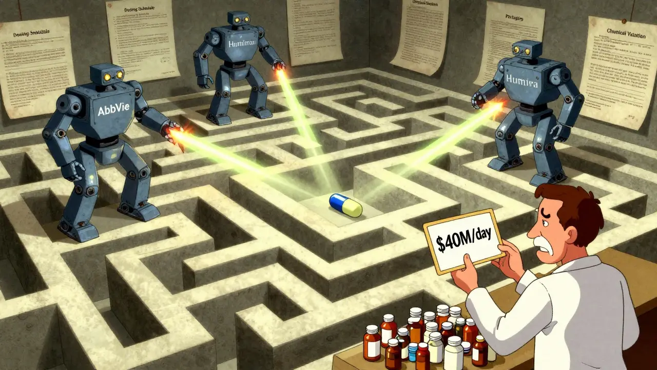 A maze of patents blocks a generic drug capsule while robotic pharma giants guard it with laser beams.