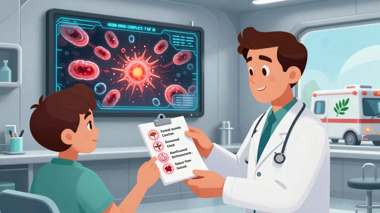 A patient gives a doctor a glowing list of herbal supplements while a screen shows blood cells clashing in real time.