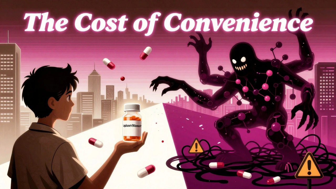 A patient holding a boosted HIV pill bottle as a multi-armed drug monster looms, with two contrasting treatment paths behind them.