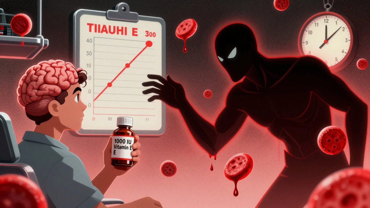 A patient holds a high-dose vitamin E bottle as a bleeding platelet figure threatens their brain, with medical charts and a ticking clock.