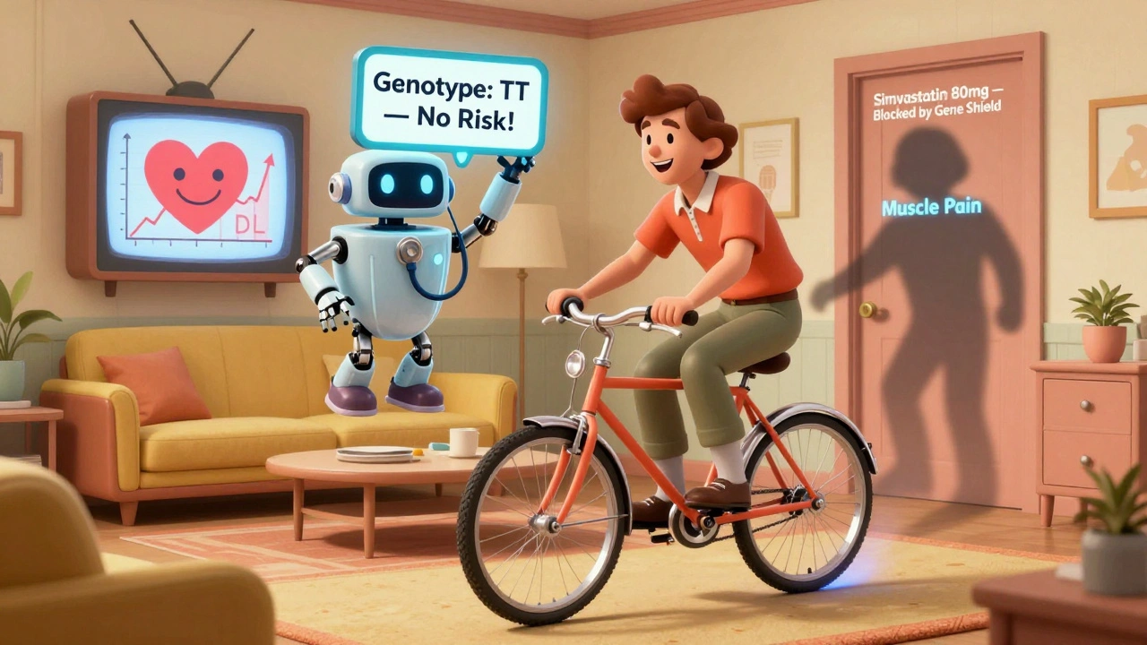 A patient rides a levitating bike while a robot shows their safe gene status on a floating screen.