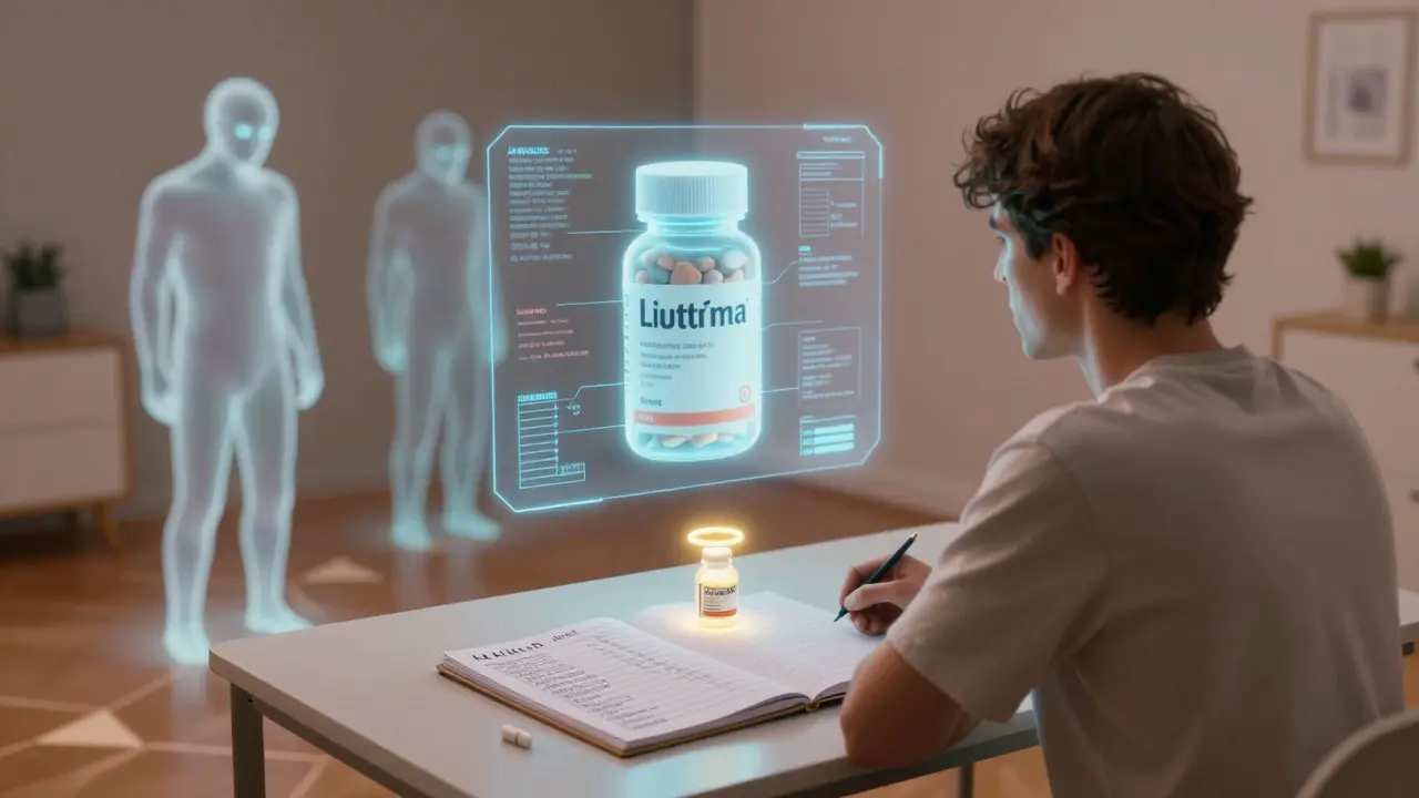 A person facing a holographic medication bottle that shifts between brand and generic, with emotional shadows rising around them.