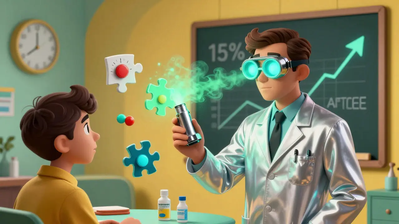 A pharmacist shows a retro-futuristic inhaler to a patient, with three different generic versions floating nearby.
