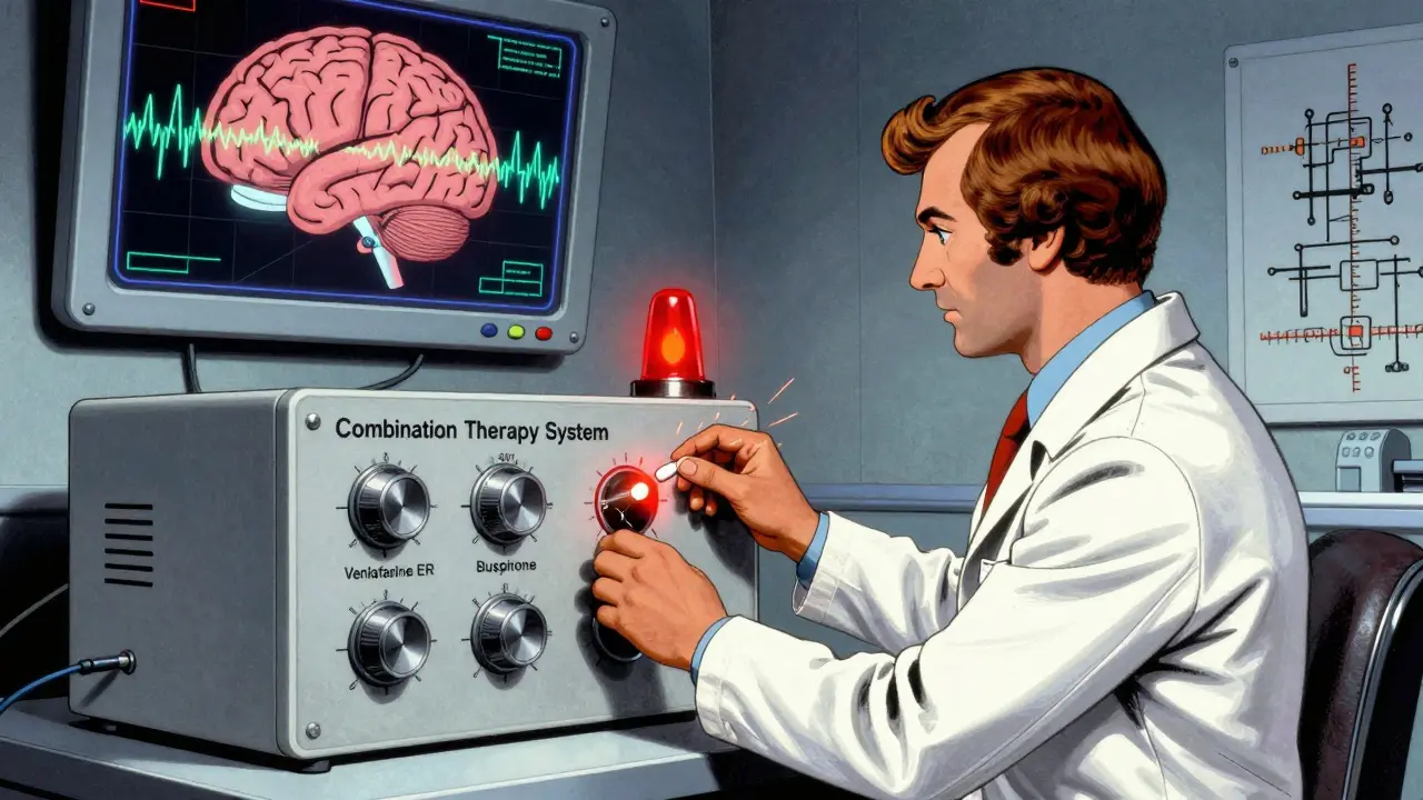 A psychiatrist adjusting a machine with dials for psychiatric meds, one dial sparking as a generic pill is inserted.