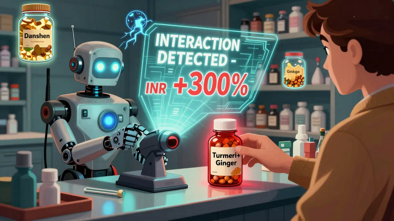 A robotic pharmacist scans a herbal pill bottle that emits a red warning aura, with glowing dangerous herbs floating nearby.