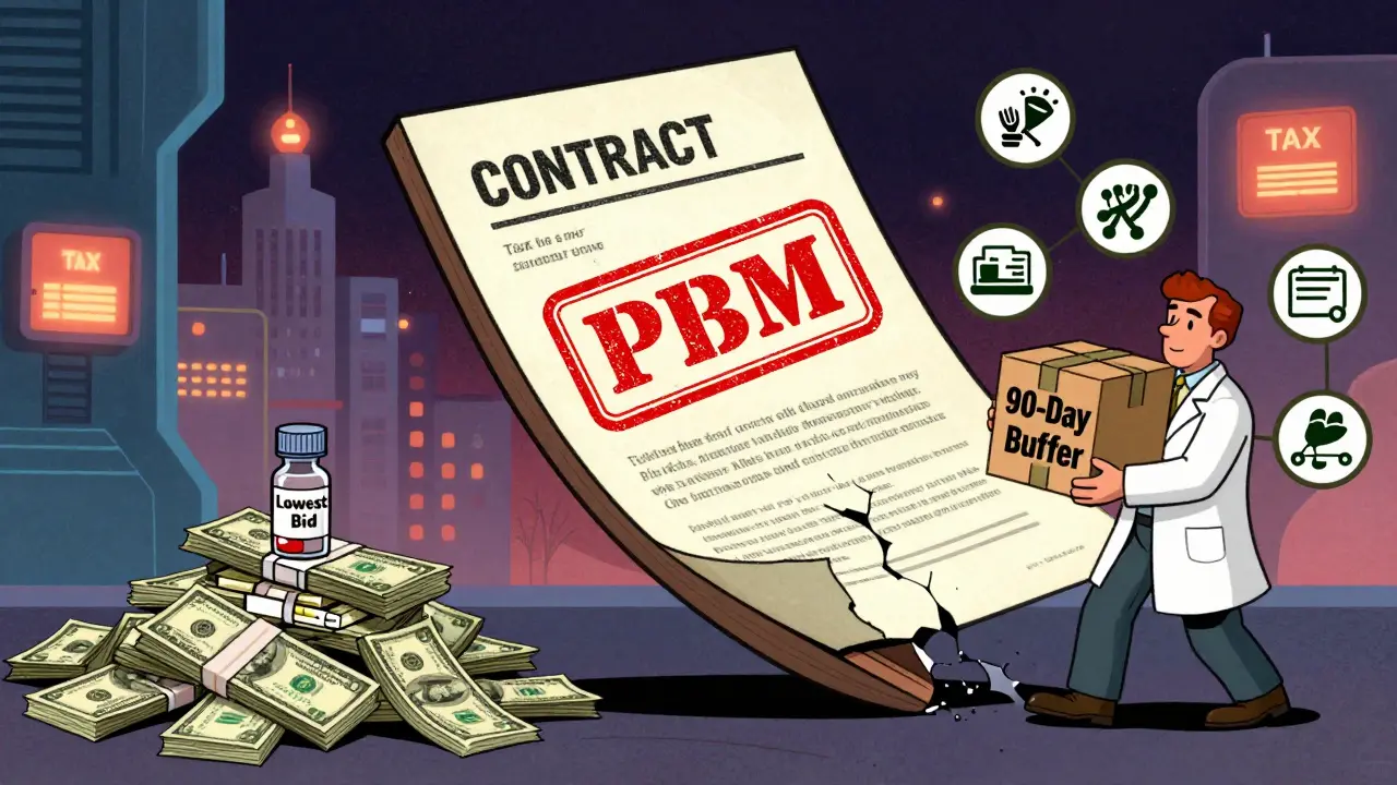 A scale tips under dollar bills crushing medicine vials, while a manufacturer holds a small inventory box amid crumbling supply chain icons.