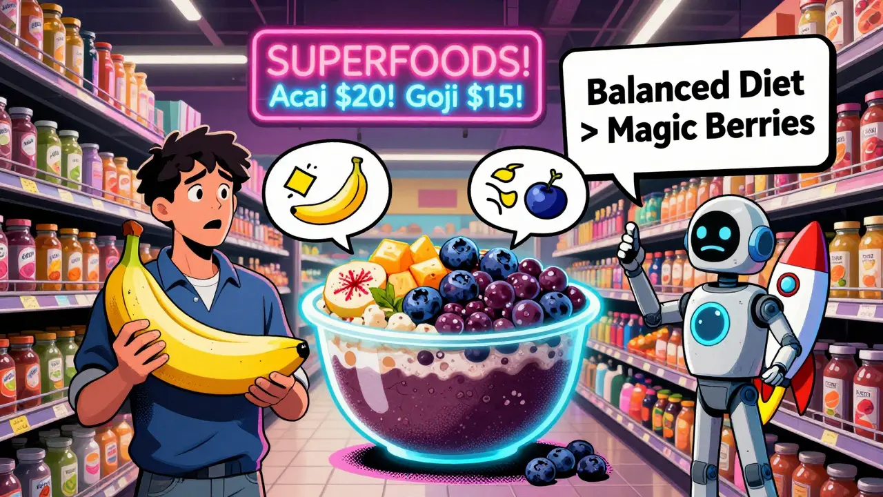 A shopper compares a cheap banana to an expensive acai bowl, with nutrient facts floating above them in a neon supermarket.