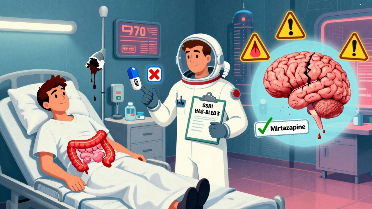 A split-panel medical scene with gastrointestinal and brain bleeding, contrasted by safe and unsafe antidepressant options in a retro-futuristic hospital.
