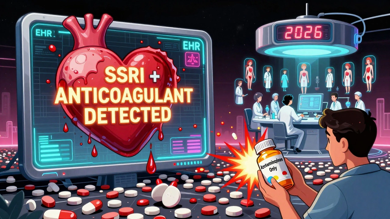 A warning sign shaped like a heart on a futuristic EHR screen, with a patient avoiding dangerous painkillers amid floating patient avatars and a 2026 countdown.