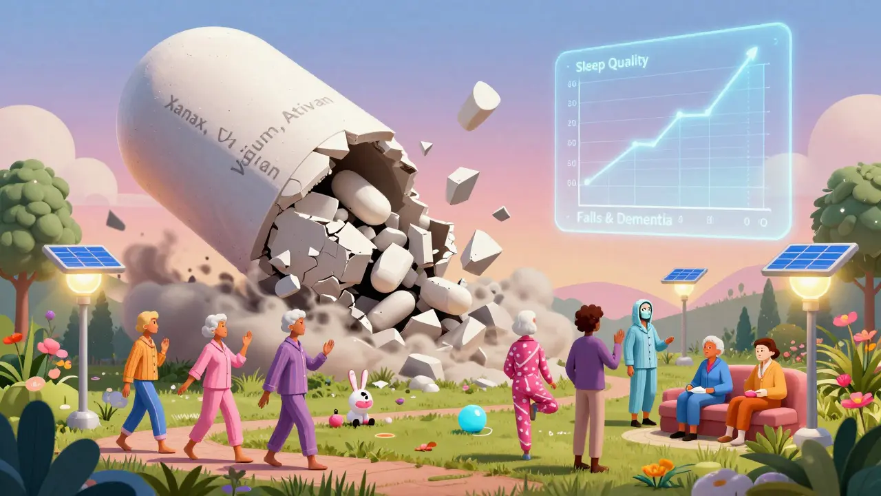 Crushing benzodiazepine tower collapsing as seniors enjoy therapy and sunlight in a futuristic garden.