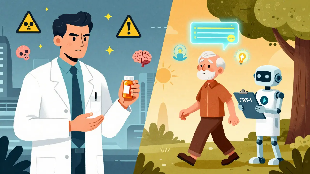 Divided scene: doctor giving pill vs. robot therapist guiding senior to natural sleep under sunlit trees.